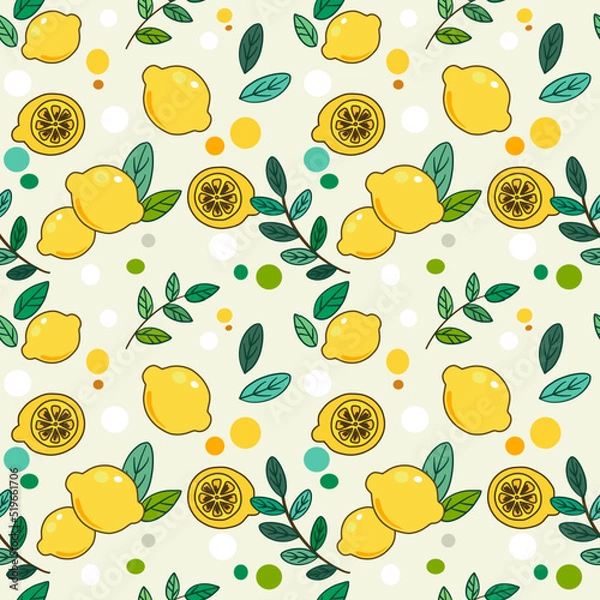 Fototapeta Seamless, repeat pattern of full pieces and haft lemons or limes, have decorated with doodle green leaves and a pastel color circle.