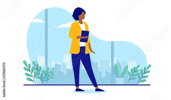 Fototapeta Ethnic professional businesswoman - Black female character person standing. Flat design vector illustration with white background