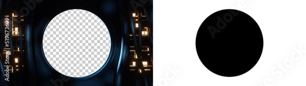 Fototapeta Background with clipping path and alpha channel of a round window seen from inside a spaceship or sci-fi environment location with cables and light panels. 3D Rendering