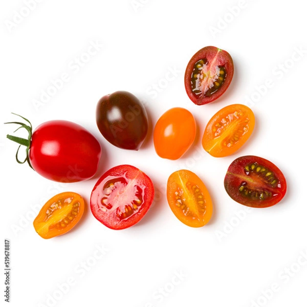 Fototapeta various colorful tomatoes isolated over white background. Top view, flat lay. Creative layout..