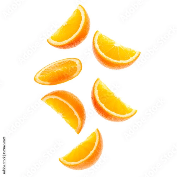 Obraz falling fresh orange fruit slices isolated over white background closeup. Flying food concept. Top view. Flat lay. Orange slice in air, without shadow..