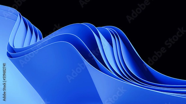 Fototapeta Blue wavy abstraction shape on black background. 3D rendered illustration of trendy modern image in Windows 11 style