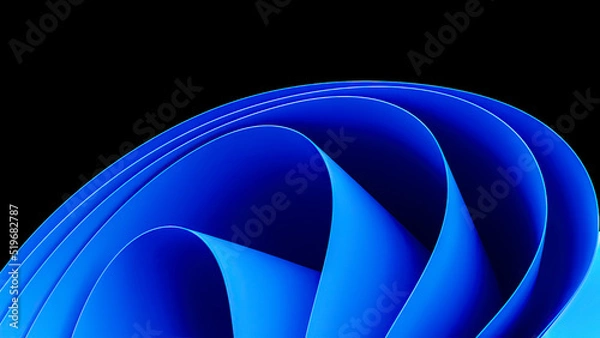 Fototapeta Blue wavy abstraction shape on black background. 3D rendered illustration of trendy modern image in Windows 11 style