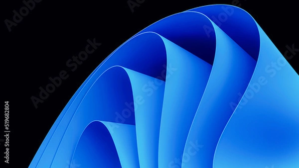 Fototapeta Blue wavy abstraction shape on black background. 3D rendered illustration of trendy modern image in Windows 11 style