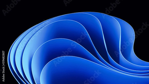 Fototapeta Blue wavy abstraction shape on black background. 3D rendered illustration of trendy modern image in Windows 11 style