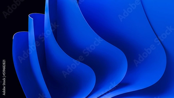 Fototapeta Blue wavy abstraction shape on black background. 3D rendered illustration of trendy modern image in Windows 11 style