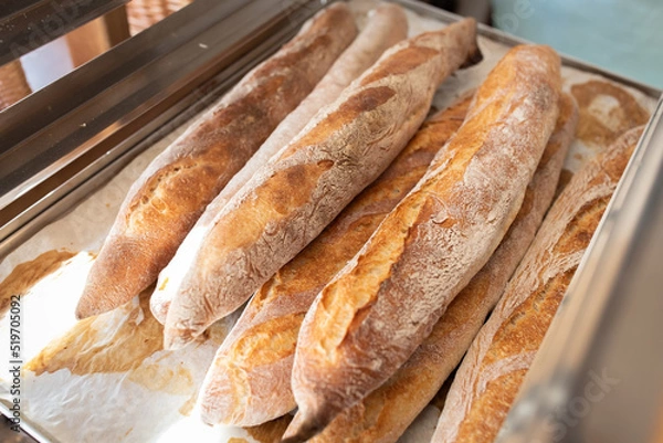 Fototapeta Finished French bread in the bakery on the racks. Baguettes, rustic bread. Front view.
