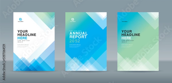 Fototapeta Modern random transparent triangle shape blue and green color theme book cover template for annual report magazine