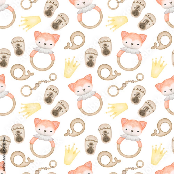 Fototapeta Newborn baby cute fox teether, crown and baby shoes background. Nursery child wallpaper design template. Kids elements seamless pattern, wrapping paper, fabric, texture.