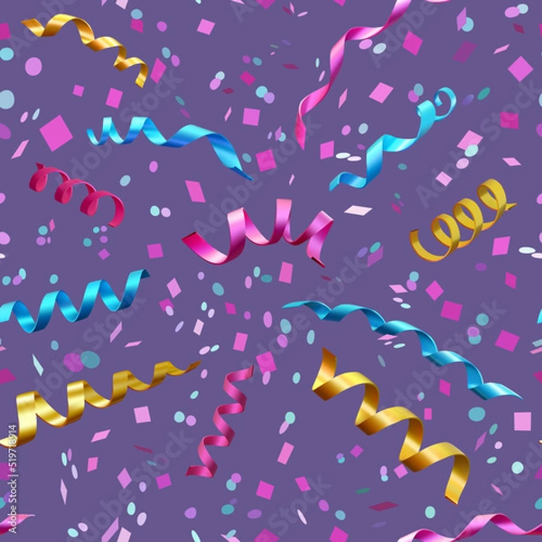 Fototapeta Colorful falling confetti, seamless carnival pattern. 3d realistic streamers with confetti.