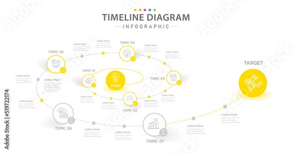 Fototapeta Infographic template for business. 7 Steps Modern Timeline diagram with spiral road concept, presentation vector infographic.
