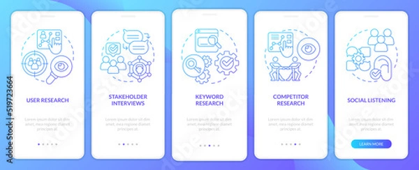 Fototapeta Research for content design blue gradient onboarding mobile app screen. Data walkthrough 5 steps graphic instructions with linear concepts. UI, UX, GUI template. Myriad Pro-Bold, Regular fonts used