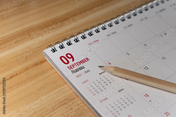 Obraz Sep month 2022 Calendar page with pencil business planning concept on wooden background