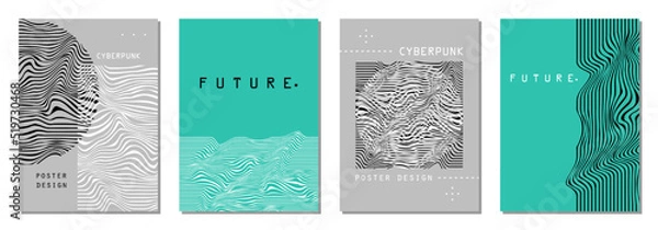 Fototapeta Set of abstract posters in cyberpunk style for your banner, flyer or business card. Modern, trendy colors, minimalism art.