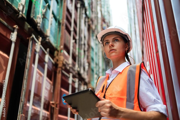 Obraz Dock manager or engineer worker in casual shirt with vest standing in shipping container yard holding tablet. Import and export product. Manufacturing transportation and global business concept