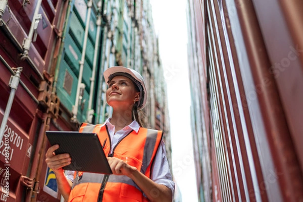 Obraz Dock manager or engineer worker in casual with vest standing in shipping container yard holding tablet with smile. Import and export product. Manufacturing transportation and global business concept