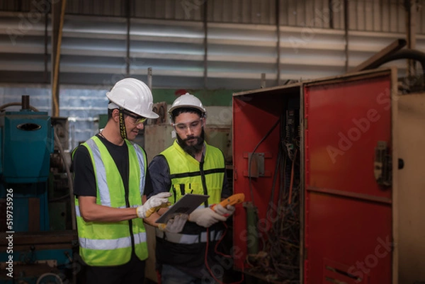 Obraz Young electrician latin mixed-race and asian engineer in safety uniforms workwear Inspecting and maintaining the machine's electrical control cabinet in heavy industrial manufacturer factory.