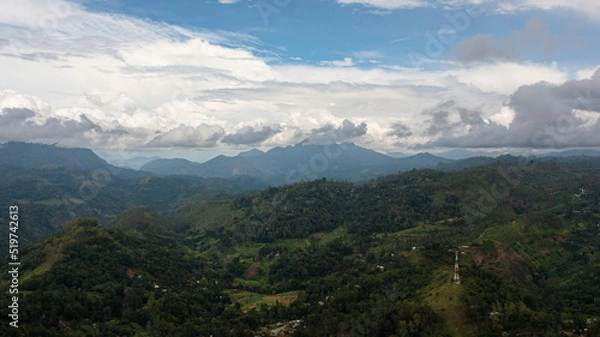 Fototapeta Aerial view of Mountain peaks covered with forest from above.