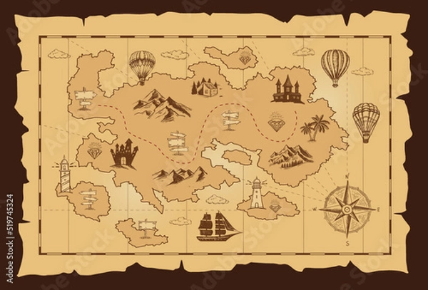 Obraz Old treasure map vector sketch. Hand drawn illustrations, vector.	
