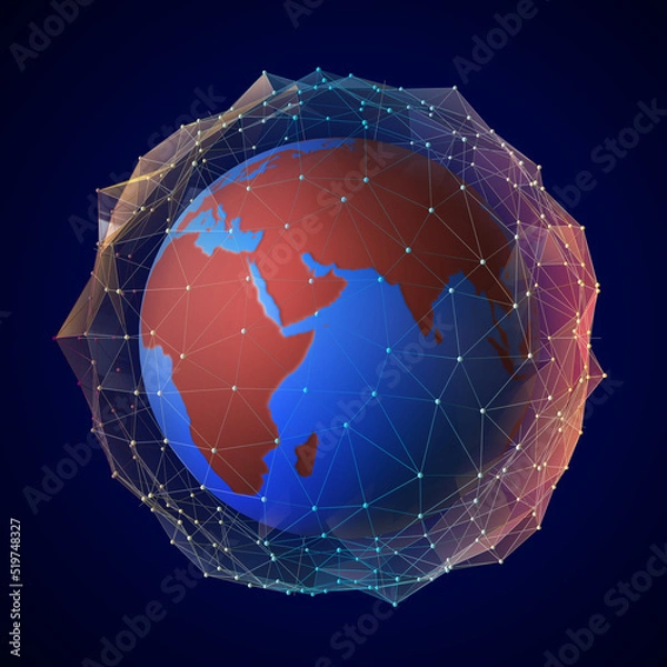 Fototapeta World image, surrounded by a web, connected by lines. 3D Illustration