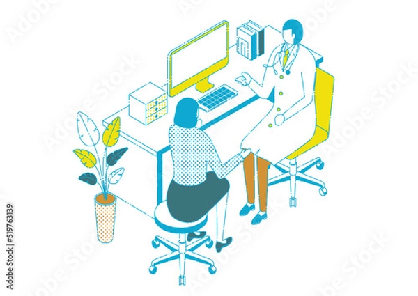 Obraz アイソメトリック_診察を男性医師から受けている女性のイメージイラスト