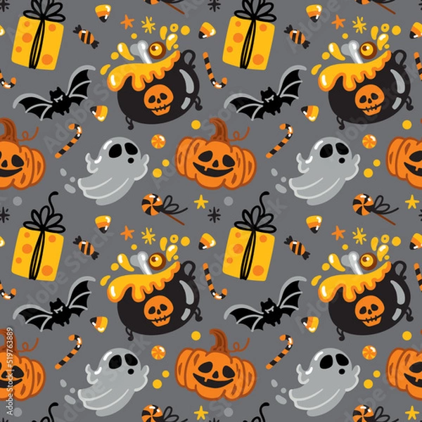 Fototapeta Pumpkin, bat, ghost and other traditional elements of Halloween. Kids print. Seamless pattern.