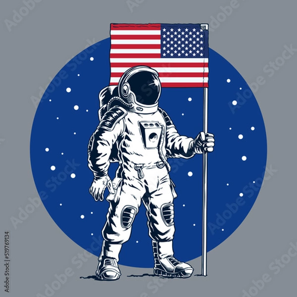 Obraz Astronaut with american flag standing on moon or another planet. Vector illustration.