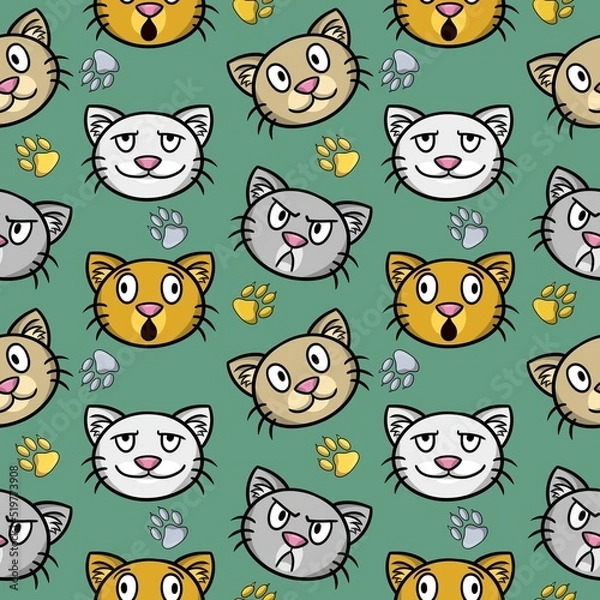 Obraz Cute Cats with different emotions, Funny print with cat faces, Seamless square pattern