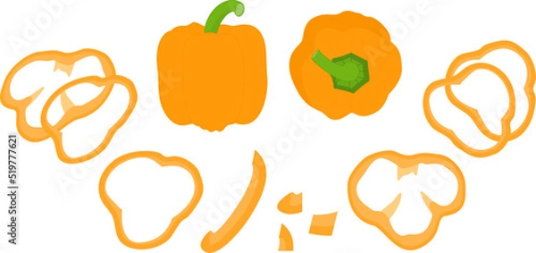 Fototapeta Bulgarian pepper, paprika, bell pepper. Whole, half, cut ​​and sliced ​​peppers. Sliced ​​pepper slices. Whole and slices. Vegetable rings, seasoning for cooking. Vector illustration isolated