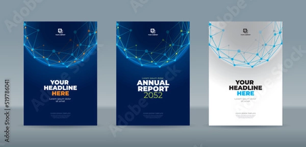 Obraz Abstrac net trianggle polygon on globe dark blue and white backgound whit green and orange dot A4 size book cover template for annual report, magazine, booklet, proposal, portofolio, brochure, poster