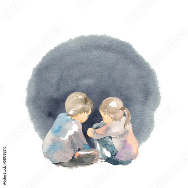 Obraz 背中を丸めて座る兄妹、夜の闇