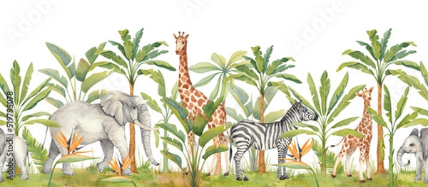 Fototapeta Beautiful tropical horizontal seamless pattern with hand-painted watercolor animals and palm trees. African animals: giraffe, elephant, zebra. Botanical art.