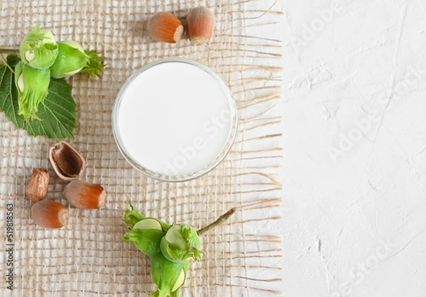Fototapeta Hazelnut non dairy milk and hazelnuts top view. This milk is an excellent source of antioxidants, phytosterols and heart-healthy fats and supports and improves the elasticity of vascular walls