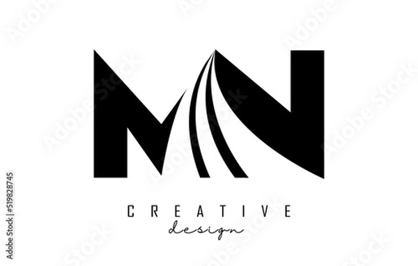 Fototapeta Creative black letters MN m n logo with leading lines and road concept design. Letters with geometric design.