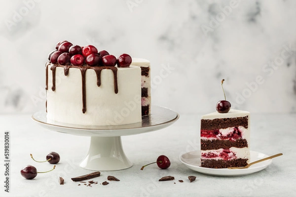 Fototapeta Cherry cake, Schwarzwald pie. White Cake, whipped cream, chocolate glaze and cherry on a light background