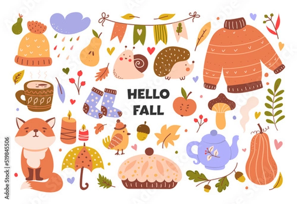 Fototapeta Cozy autumn set of cute design elements. Set of autumn branches with leaves, foliage, berries, pumpkins, sweater, socks and animals. Colored flat vector illustration.