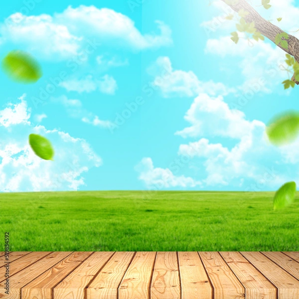 Obraz blank wooden board with leaf ornament background for food products