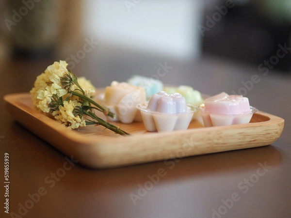 Obraz jelly desserts with a set of tea on the table