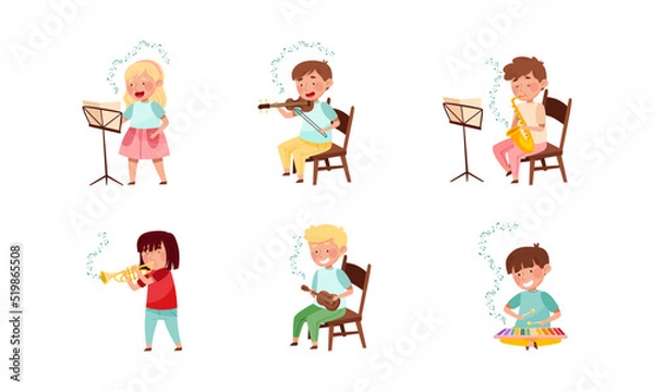 Fototapeta Funny Kid Characters Playing Violin and Saxophone at Music Lesson Vector Set