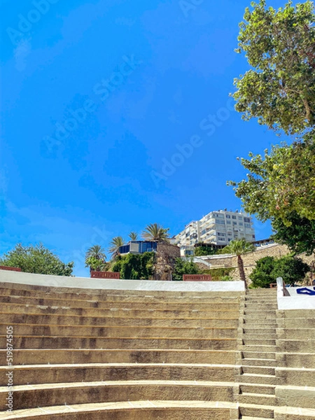 Fototapeta ancient amphitheater. place for performances and fights. tall tropical trees grow against a blue, clear sky. on the amphitheater a staircase made of sand and concrete