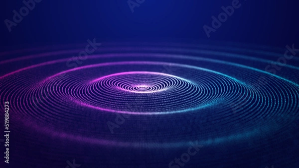 Obraz Futuristic dark background. The ripple effect of a web of blue and pink dots. Big data. Illustration of technologies and artificial intelligence. The effect of particle oscillation. 3D rendering.