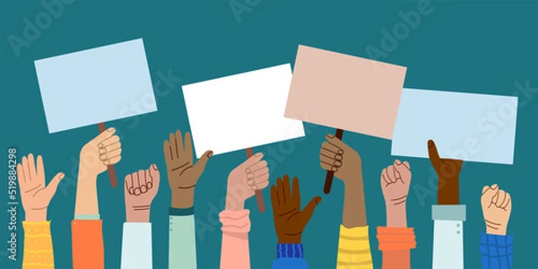 Fototapeta A crowd of people of different nationalities and at a protest. Hands holding empty template of placards and banners. Street demonstration and standing up for their rights. flat vector