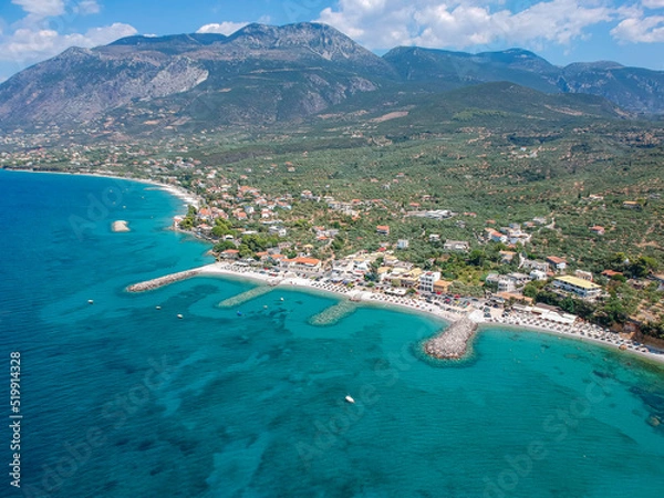Fototapeta Aerial panoramic view near Mantinies and Acrogiali seaside area in Messenia prefecture near Kalamata city - Greece.