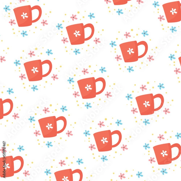 Fototapeta Seamless pattern of red cups with floral images on floral background