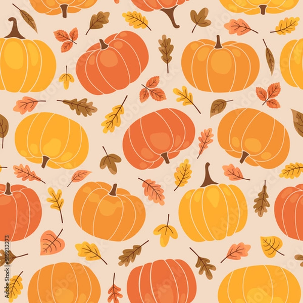 Obraz Seamless pattern of autumn pumpkins and leaves. Multicolored autumn harvest in yellow and orange colors. Ripe juicy pumpkins and falling leaves. Autumn background. Vector illustration.