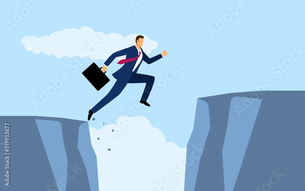 Fototapeta Cartoon illustration of a businessman jumps over the ravine, obstacle