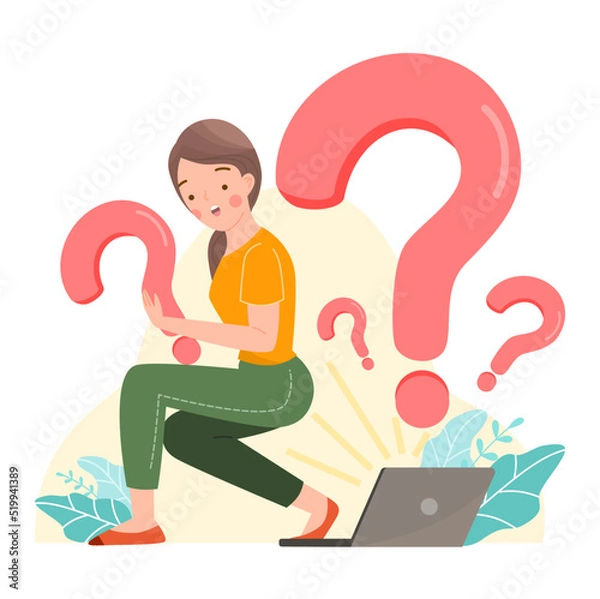Fototapeta Confused and pensive girl working on laptop, computer with question mark. Misunderstanding young woman need help, asking question for distance work, remote work, faq concept. Flat vector illustration.