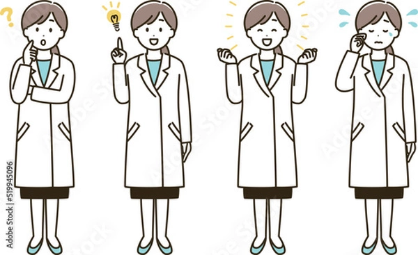 Fototapeta 白衣を着た女性の表情バリエーションのイラストセット②（肌色なしバージョン）