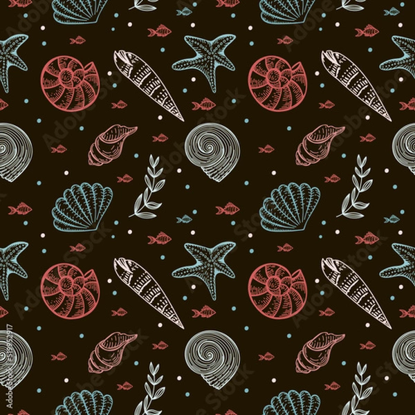 Obraz Seamless pattern, hand-drawn sea creatures in sketch style. Shells and seaweed. Black background. Isolated. Summer. Ocean. Flat design. Vector illustration.