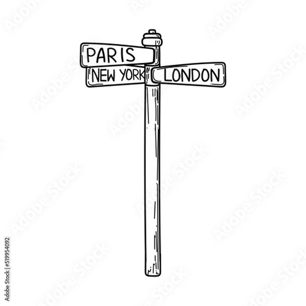 Obraz A road sign for the city. Hand-drawn doodle-style element. Tourism. Paris, London, New York. Signpost which way is the city. Vector simple image on white background.